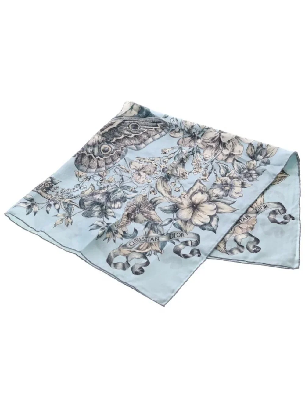 Dior le Jugement Floral Pattern Reversible Silk Scarf Blue Gray